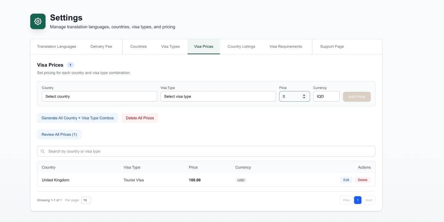 Settings screen for visa prices by country and visa type