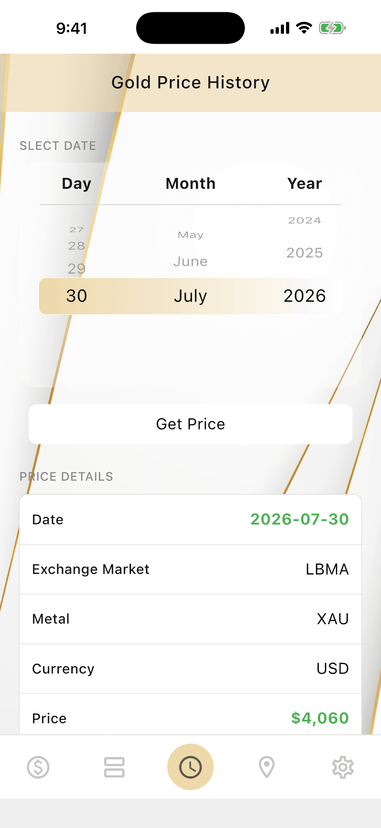 Gold price history screen with a day, month and year picker and the price details for that date