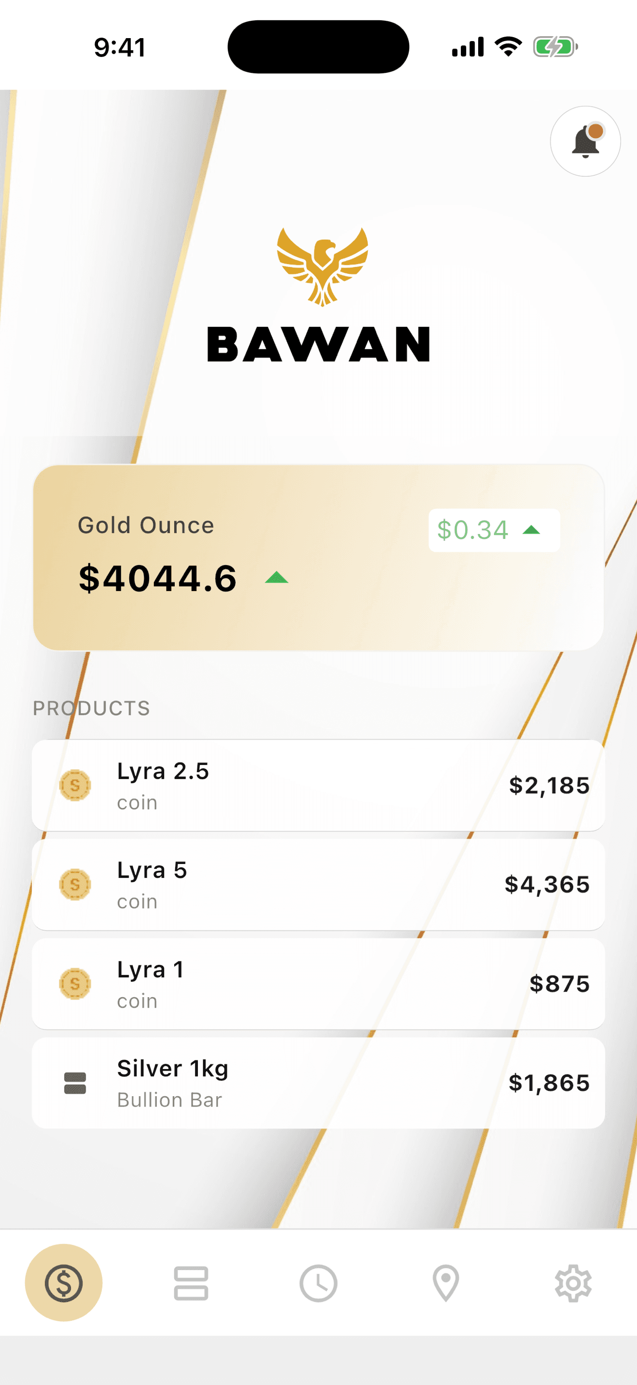 Bawan app home screen showing the live gold ounce price above a list of Lyra coins and a silver bar