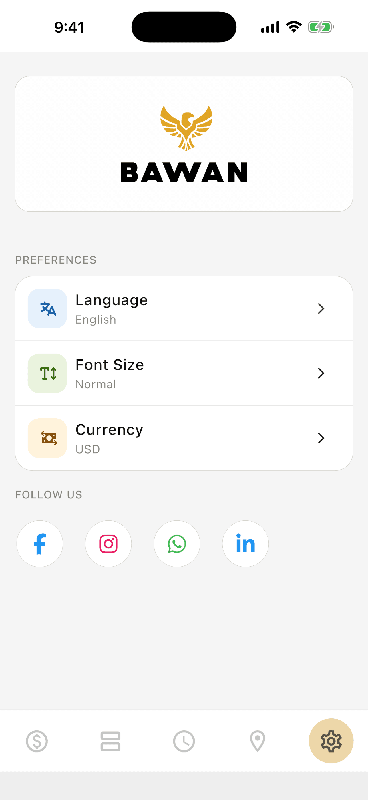 Settings screen with language, font size and currency preferences and social media links