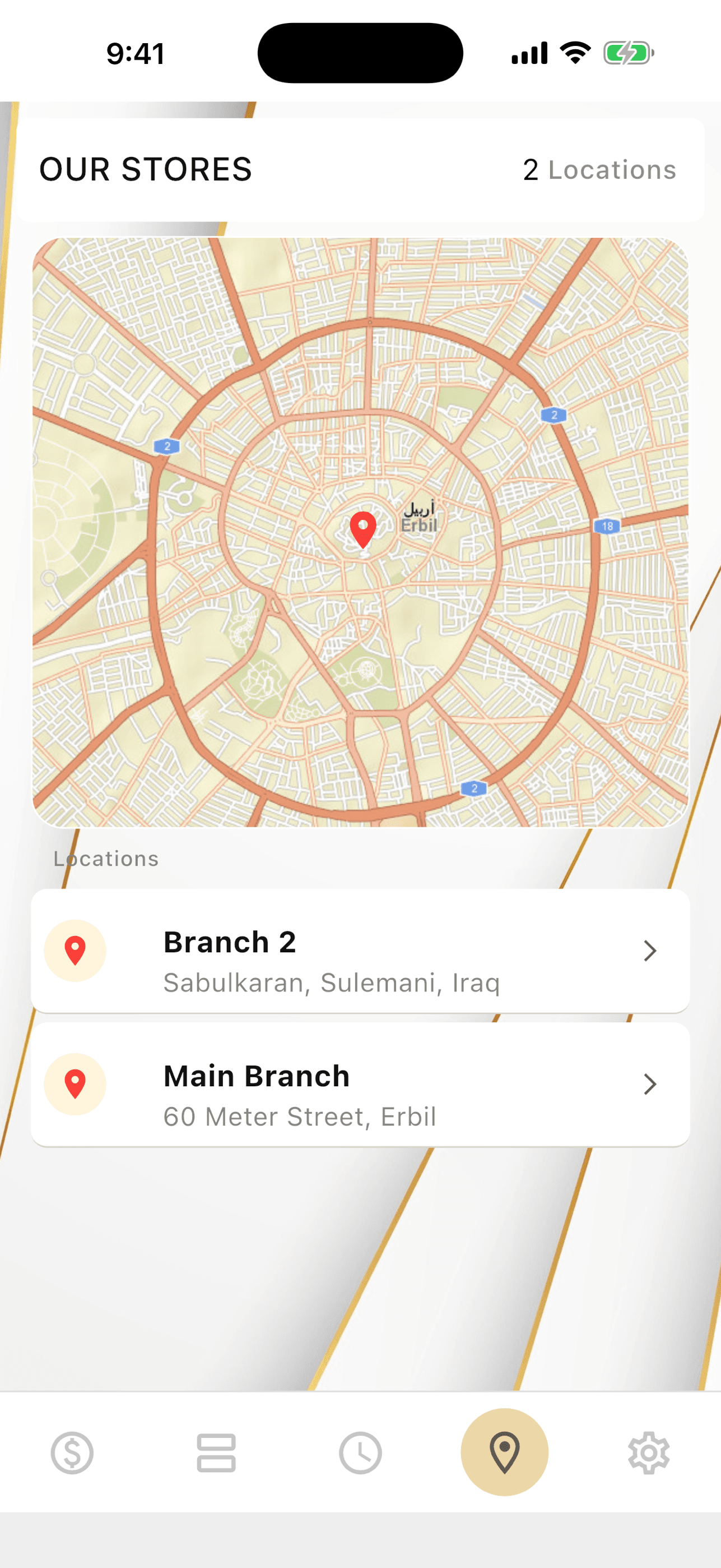 Our stores screen showing a map with two branch pins and their addresses listed below